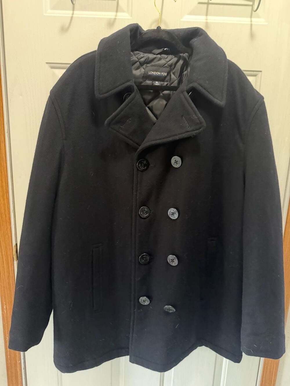 London Fog Signature Wool Blend Double Breasted Pea Coat with Quilted Lining